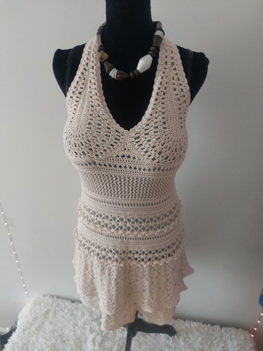 Vintage Moda International Cream Crochet Halter Dress M
